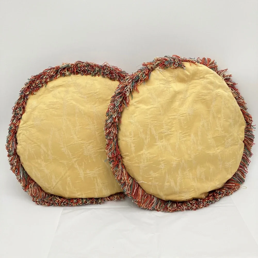 Pair of Vintage Hollywood Regency Round Throw Pillows Gold Brocade Multi Fringe